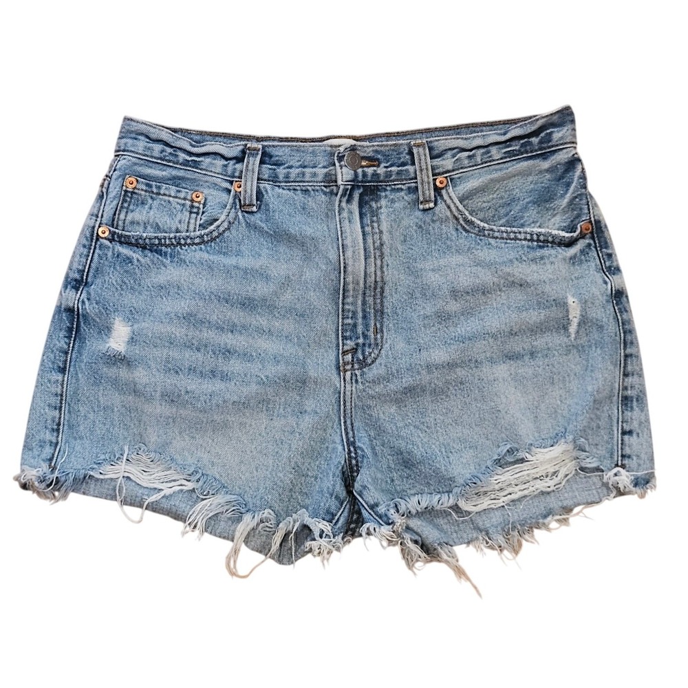 Pistola Women Distressed High Rise Denim Shorts Light Wash Blue Raw Hem Y2K